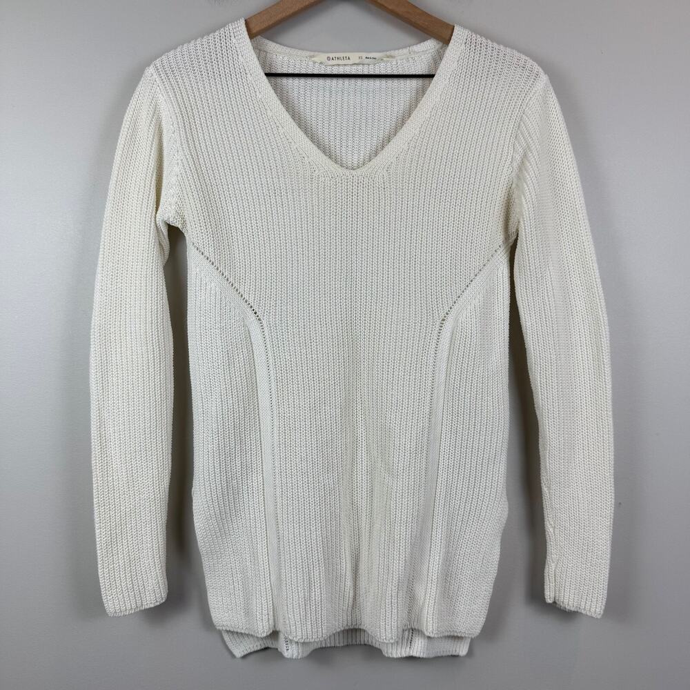 Athleta Highline Sweater Womens XS White Knit V-Neck Long Sleeve Tunic Cleangirl